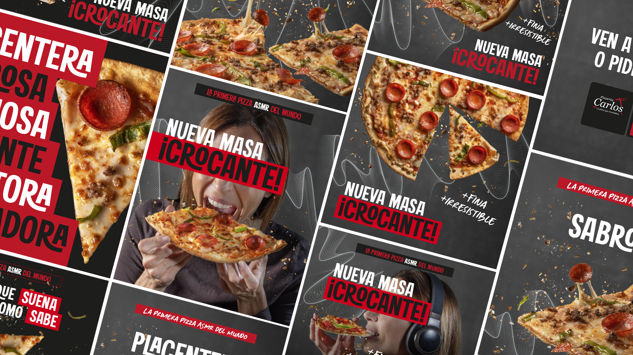 Collage promocional de la nueva Masa Crocante de Pizzerías Carlos en Madrid, con imágenes de pizzas y mensajes ASMR