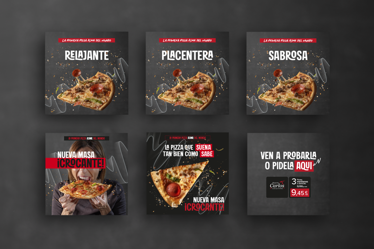 Conjunto de creatividades digitales de la campaña Nueva Masa Crocante de Pizzerías Carlos en Madrid, con mensajes ASMR y oferta