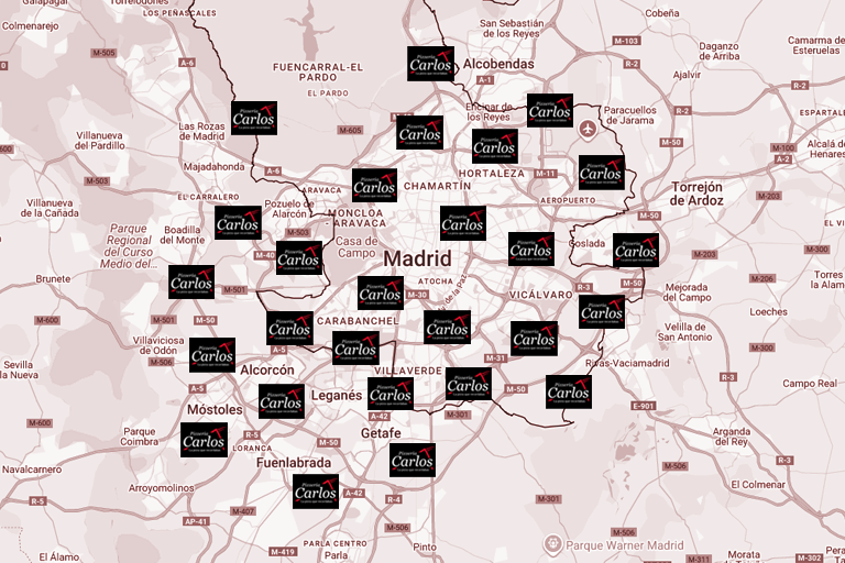 Mapa de Madrid con las ubicaciones de los restaurantes Pizzerías Carlos señaladas
